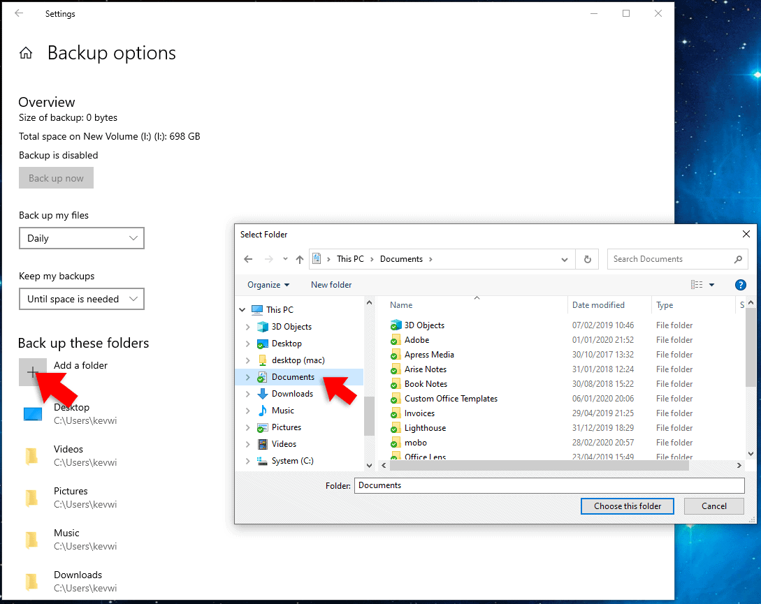 add folder file history windows 10