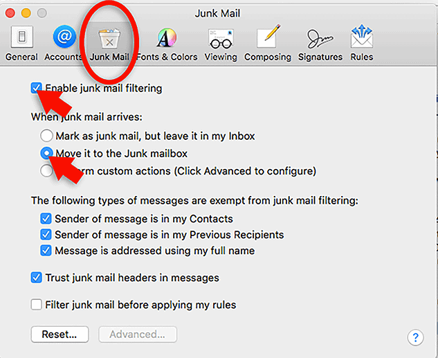 enable junk mail spam filtering in macos mail preferences