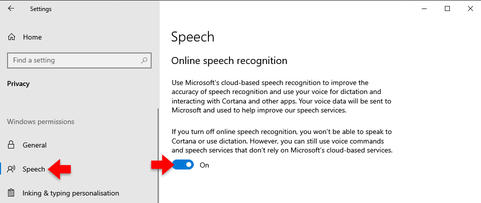 turn on online speech recognition in windows 10