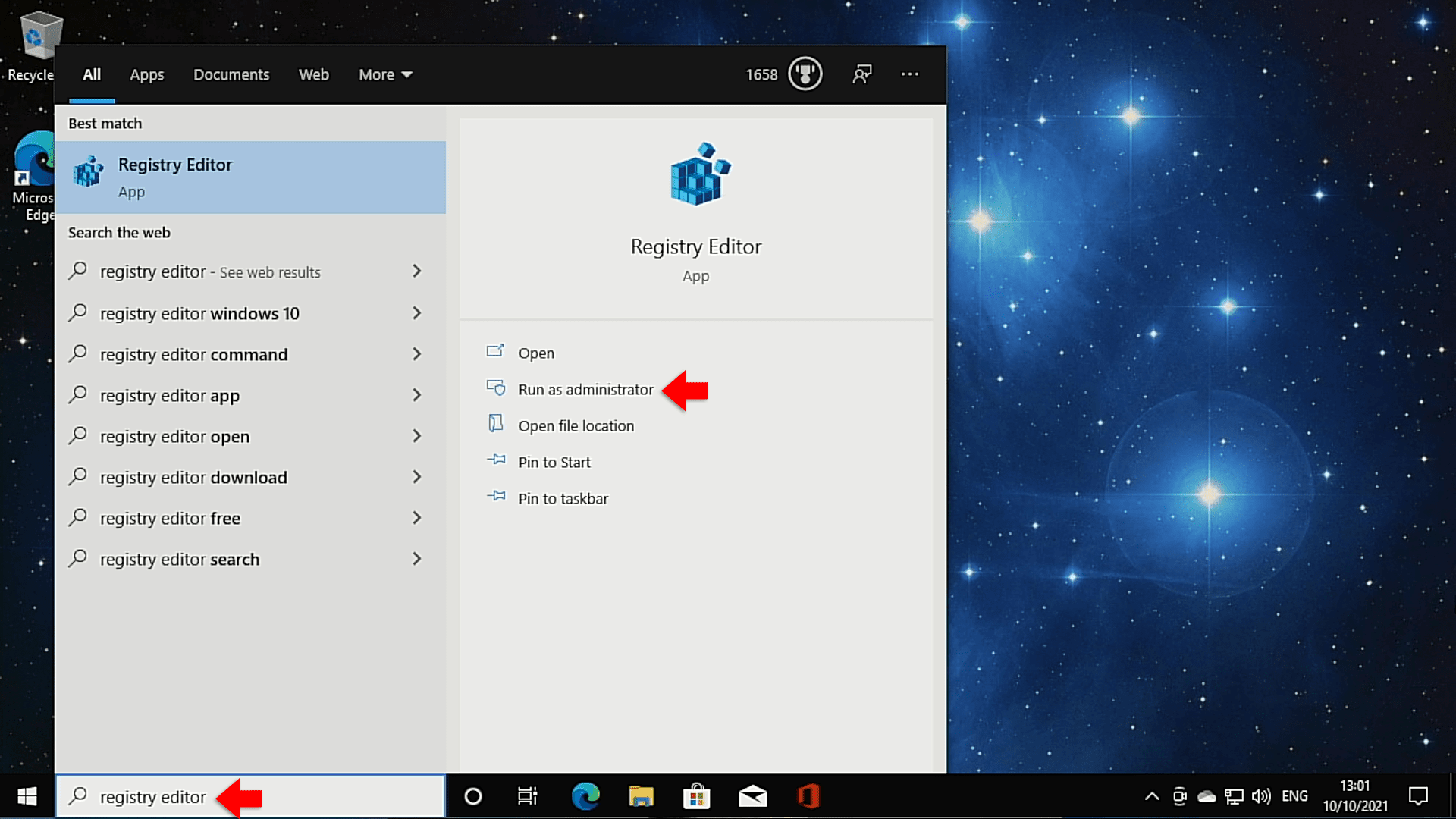 open registry editor in Windows 10