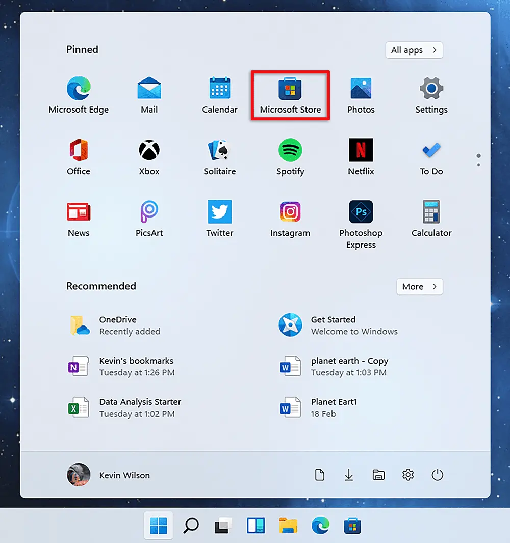 Microsoft Store icon on start menu in windows 11