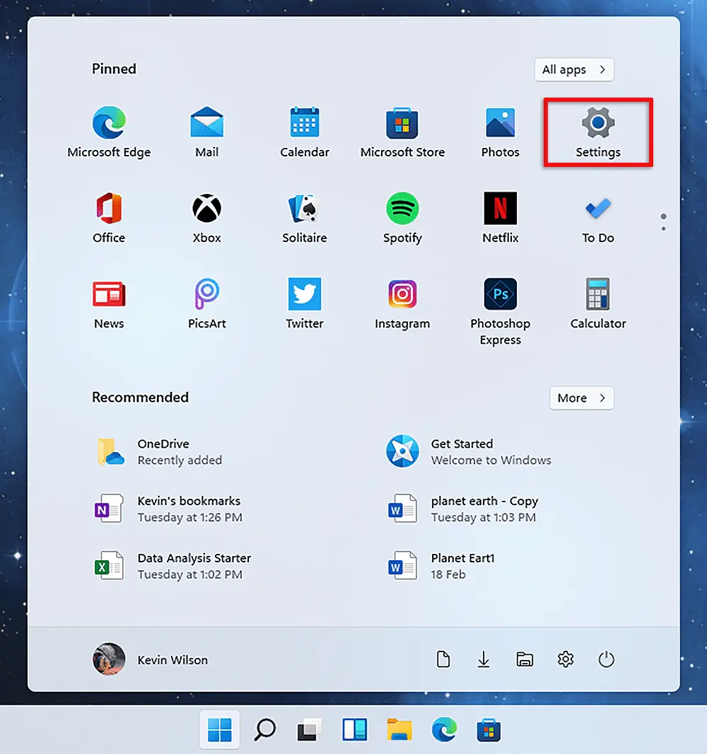 Settings app icon on start menu in windows 11